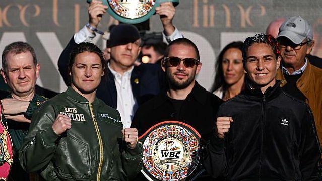 Katie Taylor and Flora Pili after Friday's ceremonial weigh-in