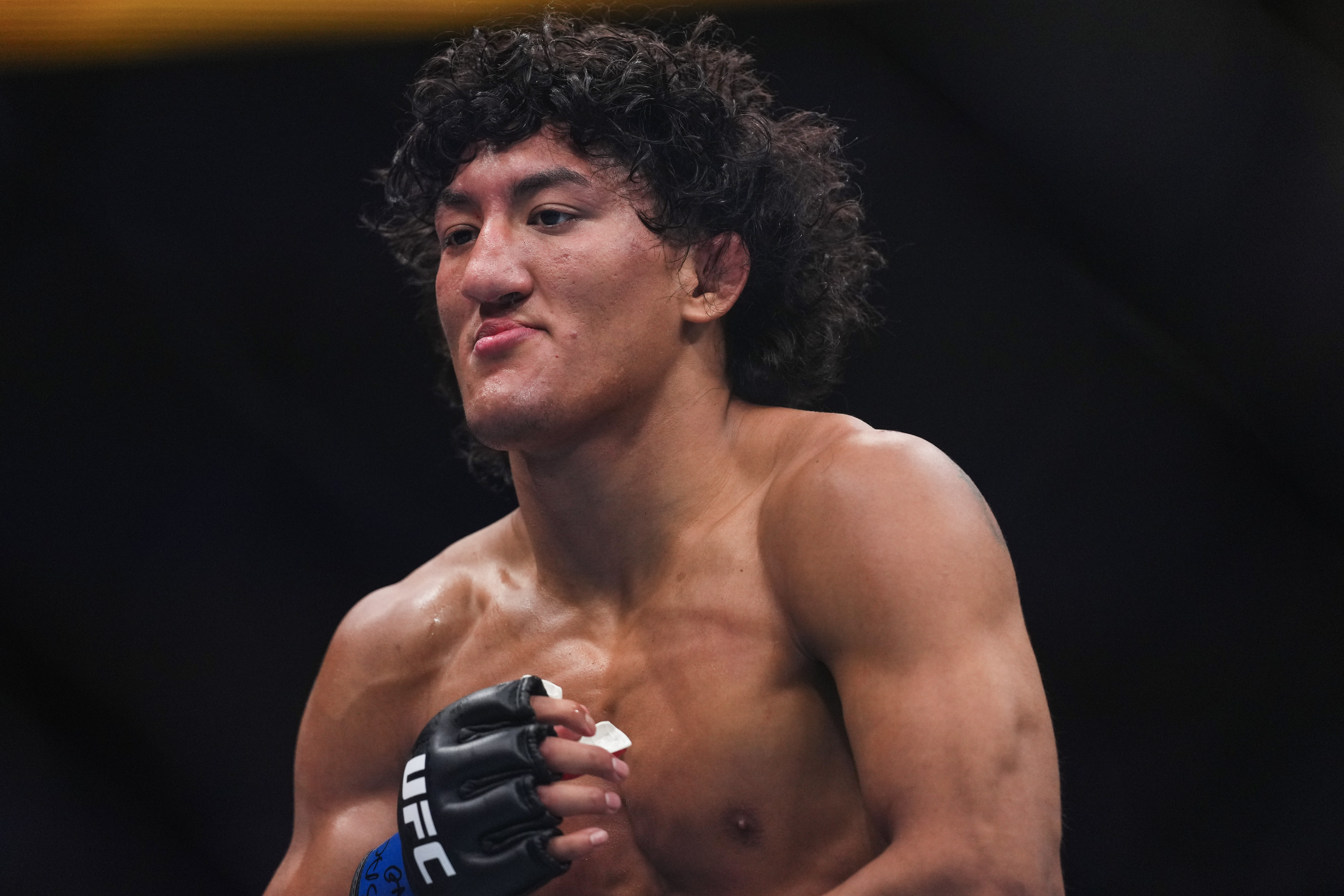 LAS VEGAS, NEVADA - MARCH 07: Raul Rosas Jr. awaits the start of the round in the BMF Championship fight during the UFC 326 event at T-Mobile Arena on March 07, 2026 in Las Vegas, Nevada. (Photo by Cooper Neill/Zuffa LLC)