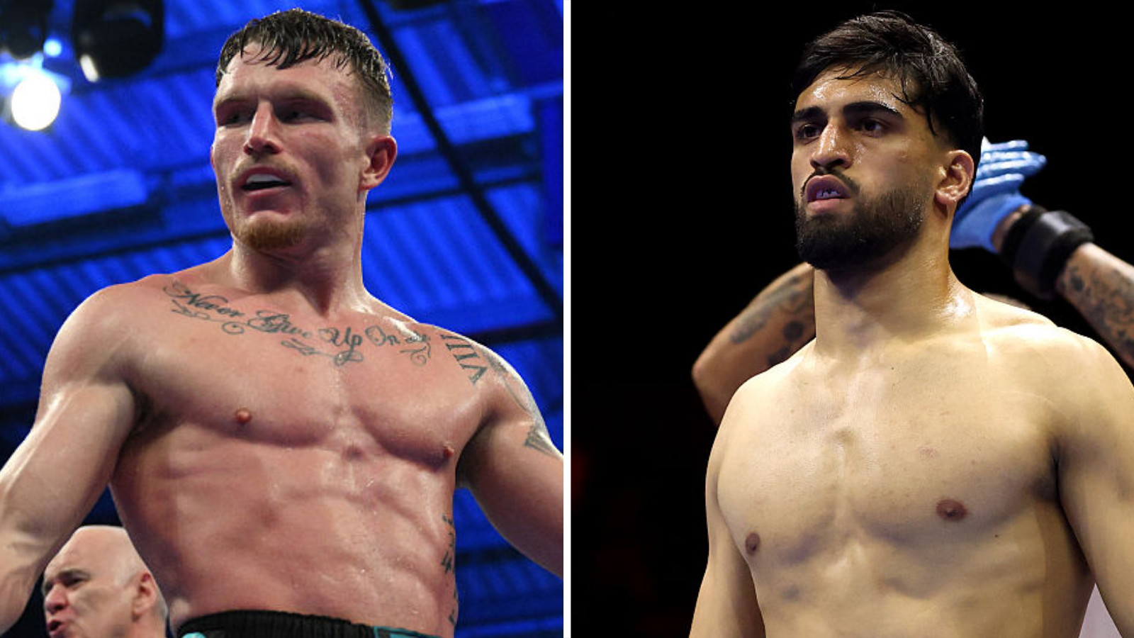 A side-by-side image of Dalton Smith and Adam Azim - both are shirtless and in a boxing ring.
