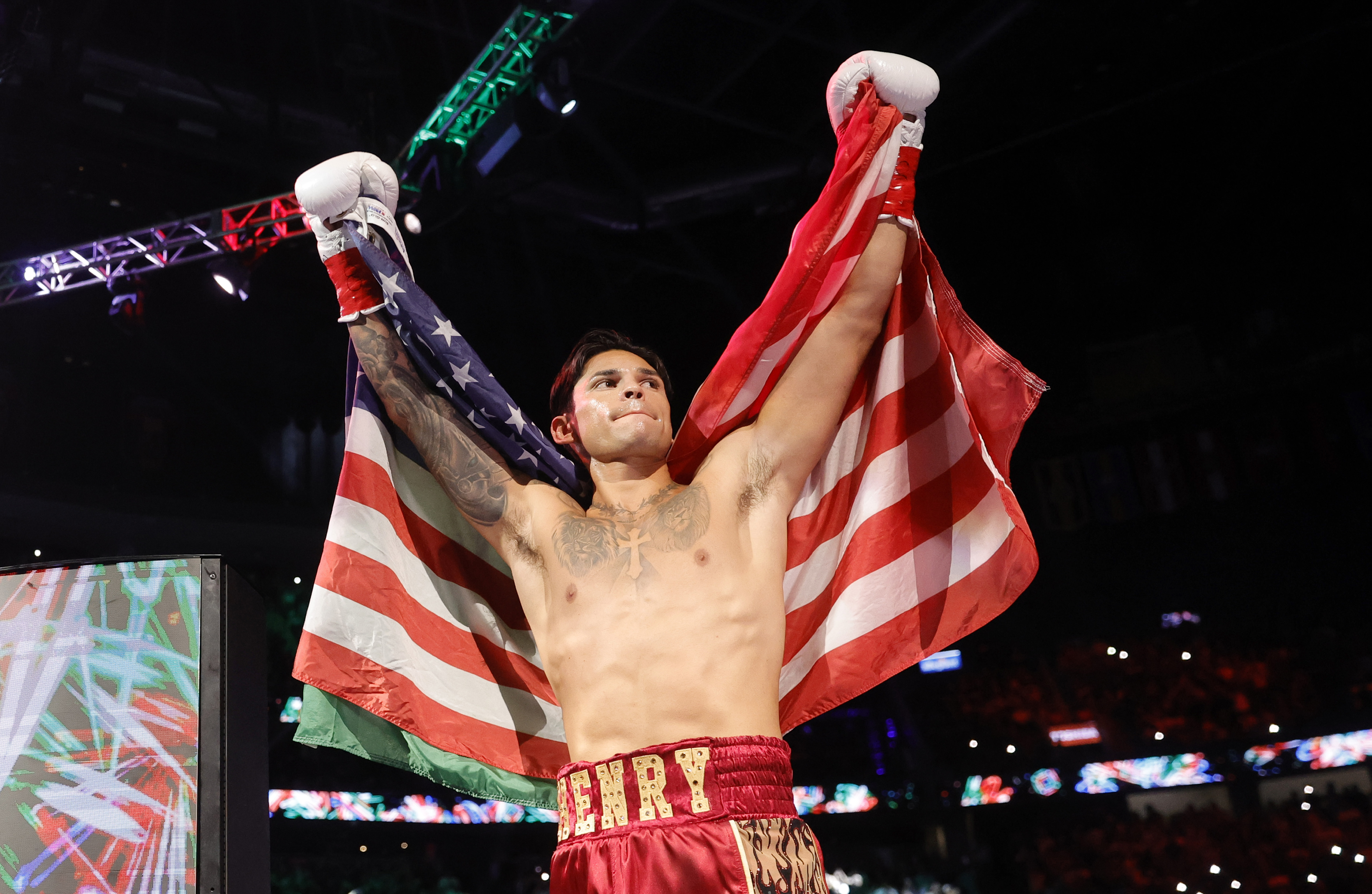 LAS VEGAS, NEVADA - SEPTEMBER 12: WBC welterweight champion Ryan Garcia poses before entering the ring for a title fight against Conor Benn at T-Mobile Arena on September 12, 2026 in Las Vegas, Nevada. Garcia retained his title with a second-round TKO. (Photo by Steve Marcus/Getty Images)