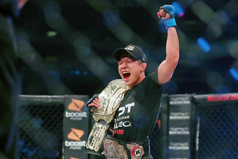 Kyoji Horiguchi celebrates after his win over Darrion Caldwell (not pictured) during Bellator 222 at Madison Square Garden.