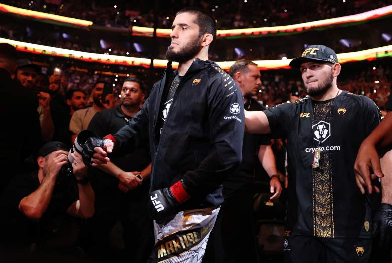 PHILADELPHIA, PENNSYLVANIA - AUGUST 15: Islam Makhachev of Russia walks to the octagon before a welterweight title bout against Ian Machado Garry of Ireland during UFC 330 at Xfinity Mobile Arena on August 15, 2026 in Philadelphia, Pennsylvania. (Photo by Sarah Stier/Getty Images)