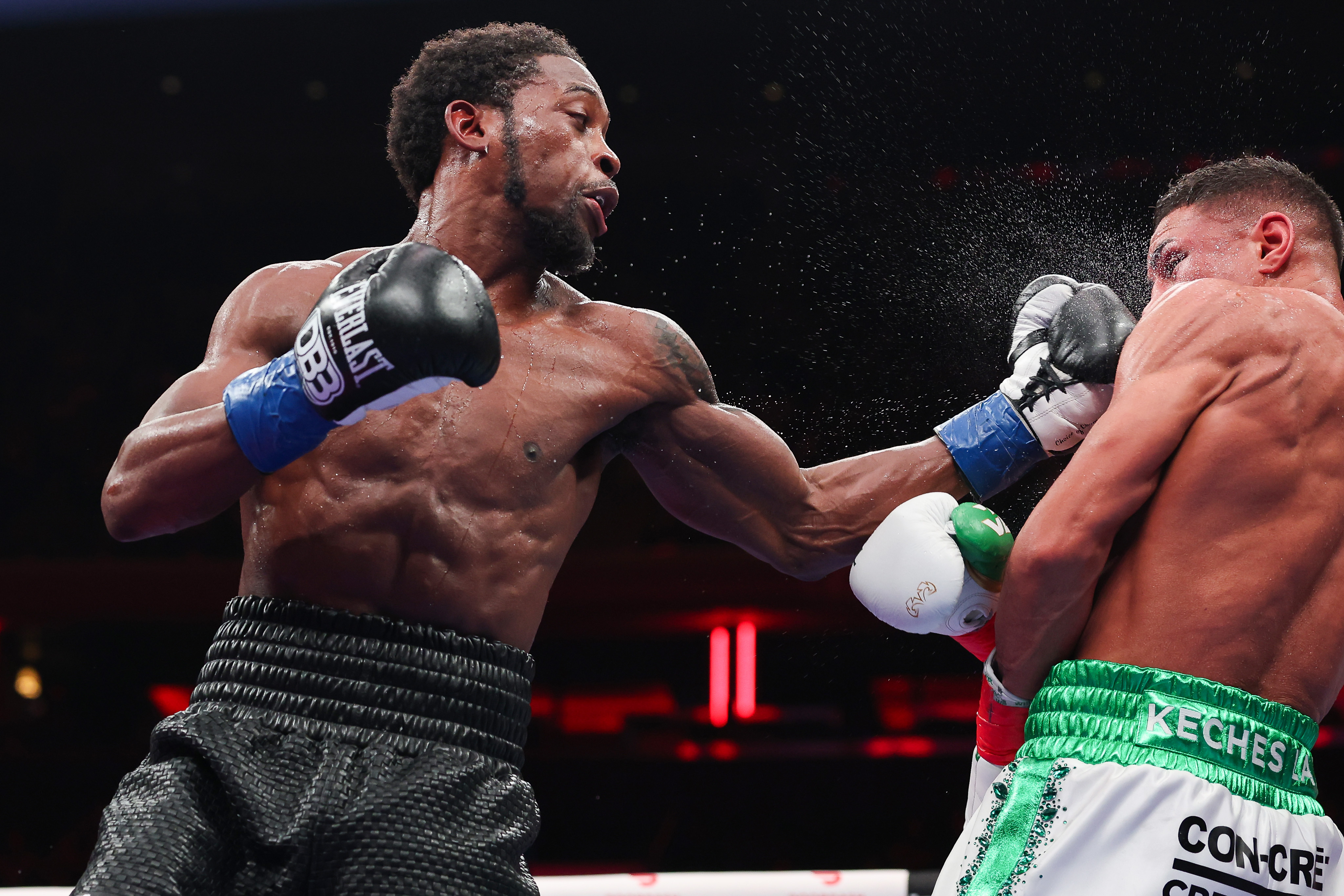 NEW YORK, NEW YORK - JANUARY 31: Keyshawn Davis punches Jamaine Ortiz in the super lightweight bout during The Ring 6 fight at Madison Square Garden on January 31, 2026 in New York City. (Photo by Ishika Samant/Getty Images)