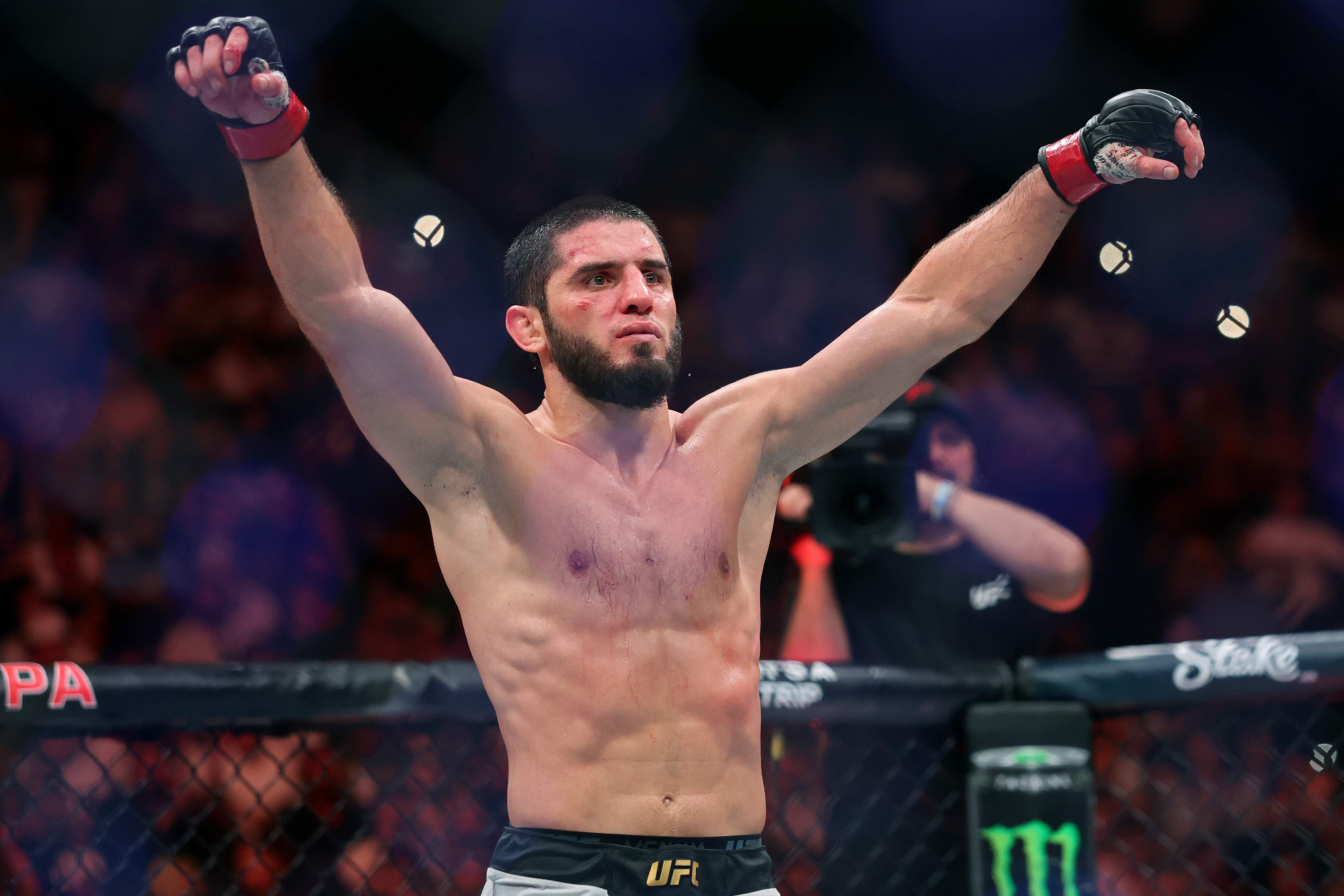 PHILADELPHIA, PENNSYLVANIA - AUGUST 15: Islam Makhachev of Russia reacts during a welterweight title bout against Ian Machado Garry of Ireland in UFC 330 at Xfinity Mobile Arena on August 15, 2026 in Philadelphia, Pennsylvania. (Photo by Caleb Bowlin/Getty Images)