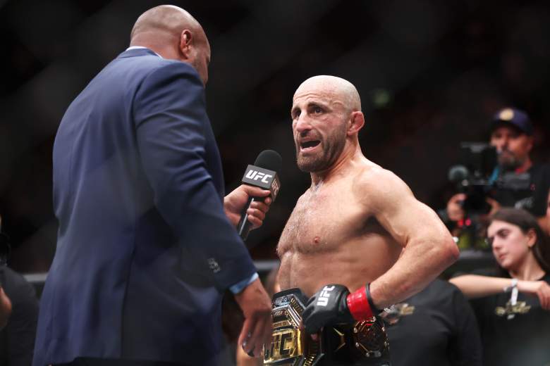 SYDNEY, AUSTRALIA - FEBRUARY 01: Alexander Volkanovski of Australia is interviewed after defeating Diego Lopes of Brazil fight in the featherweight title bout during the UFC 325: Volkanovski v Lopes 2 at Qudos Bank Arena on February 01, 2026 in Sydney, Australia. (Photo by Mark Kolbe Photography/Getty Images)