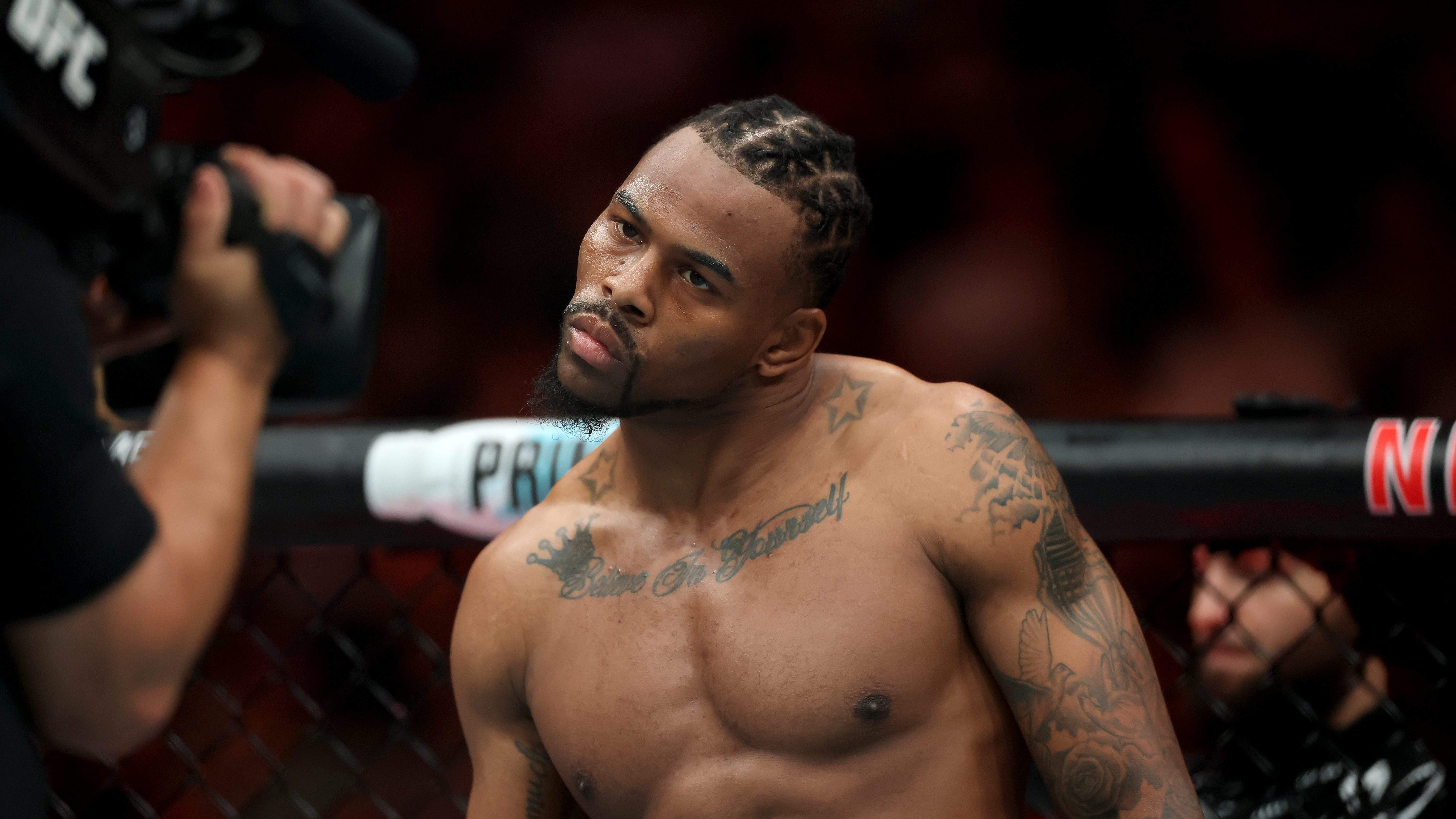 NEWARK, NEW JERSEY - JUNE 07: Khaos Williams of the United States looks on before the welterweight bout against Andreas Gustafsson of Sweden during UFC 316 at the Prudential Center on June 07, 2025 in Newark, New Jersey. (Photo by Elsa/Getty Images)