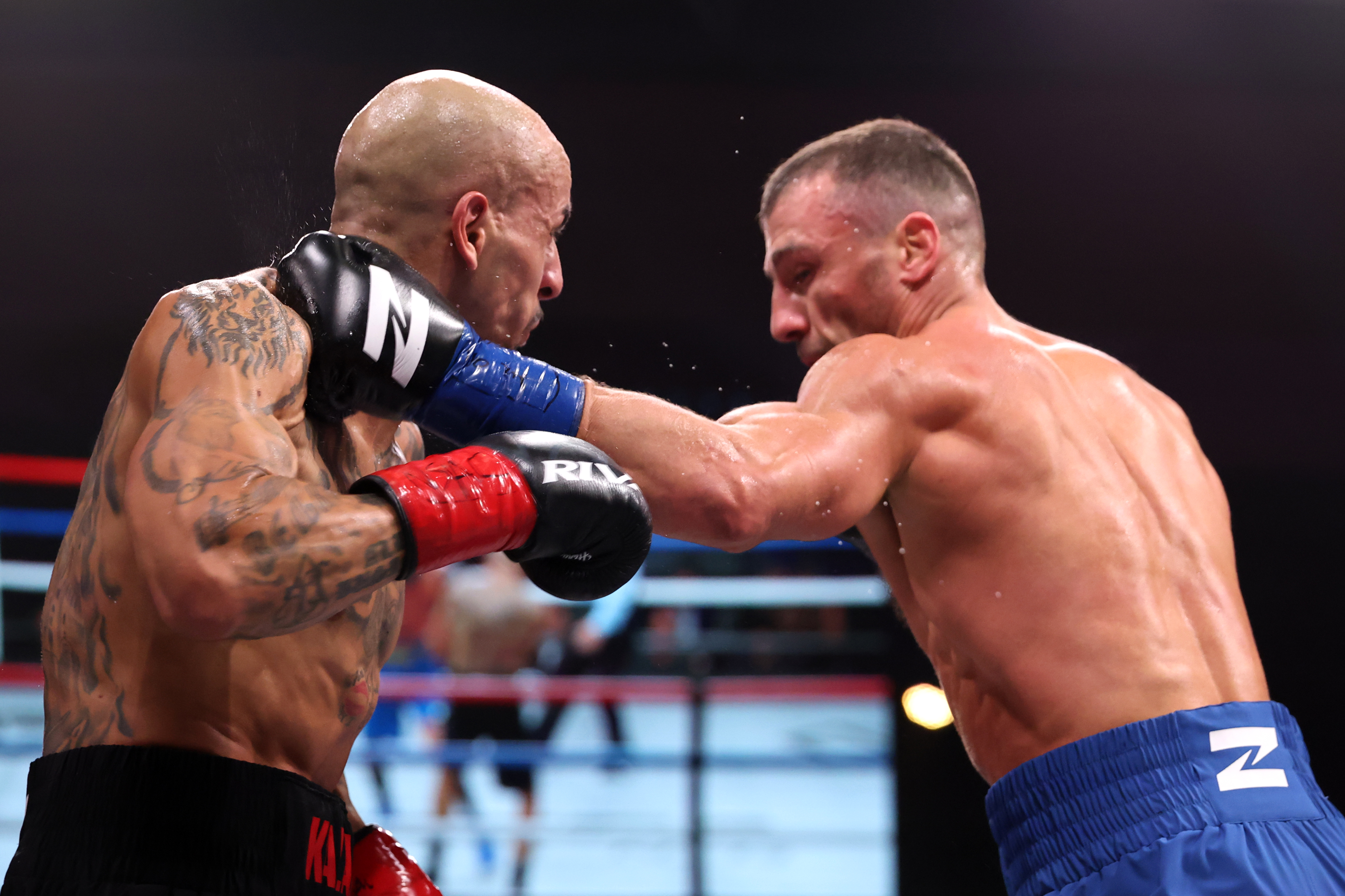 LAS VEGAS, NEVADA - FEBRUARY 01: Oleksandr Gvozdyk punches Radivoje Kalajdzic in a light heavyweight bout during the Zuffa Boxing 2 event at Meta APEX on February 01, 2026 in Las Vegas, Nevada. (Photo by Ed Mulholland/Zuffa Boxing via Getty Images)