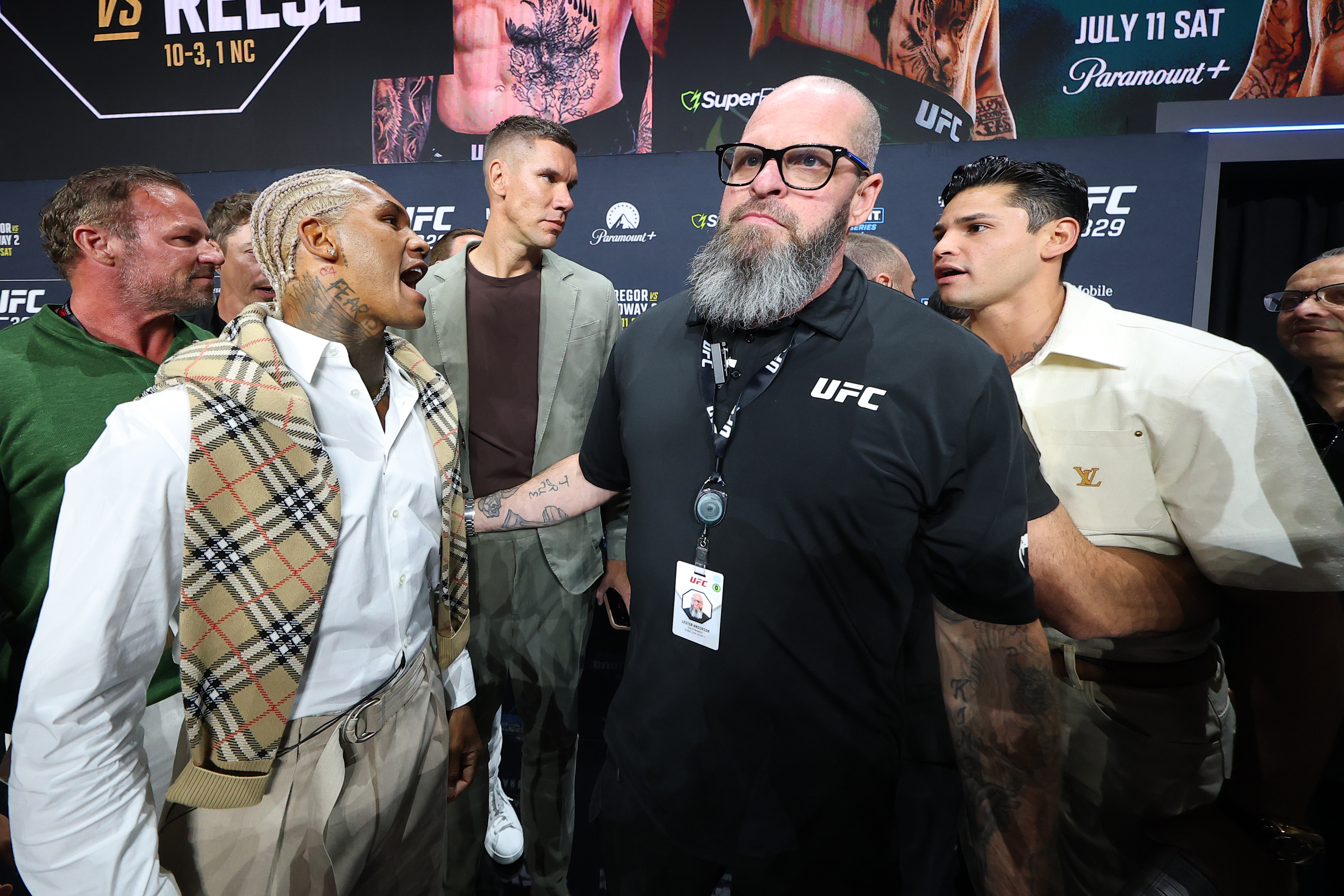 LAS VEGAS, NEVADA - JULY 10: (L-R) Conor Benn speaks to Ryan Garcia during the UFC 329 ceremonial weigh-in at T-Mobile Arena on July 10, 2026 in Las Vegas, Nevada. (Photo by Ed Mulholland/Zuffa LLC)