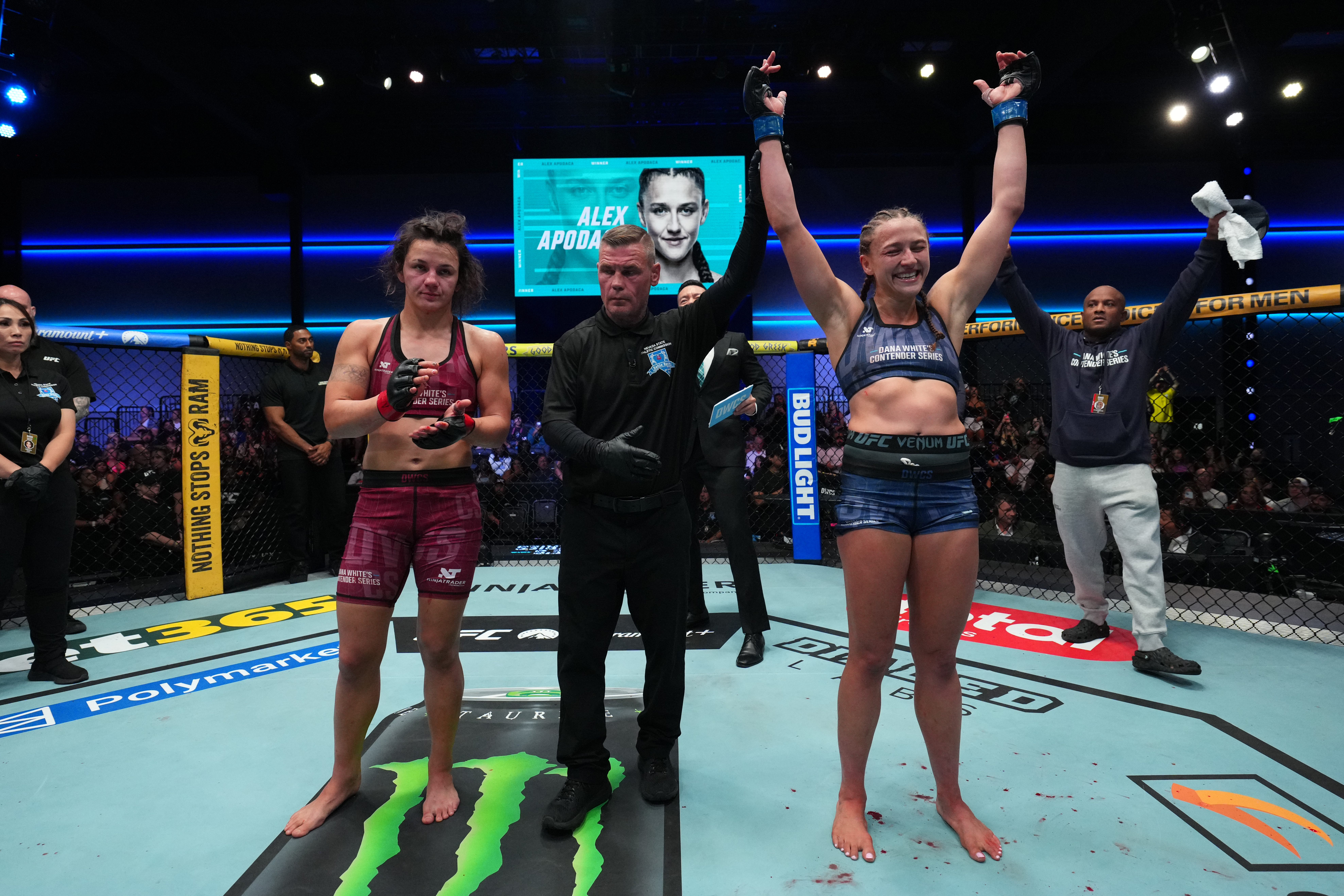 LAS VEGAS, NEVADA - AUGUST 25: Alex Apodaca reacts after a victory against Bella Mir in a bantamweight fight during Dana White's Contender Series Season 10, Week 3 at Meta APEX on August 25, 2026 in Las Vegas, Nevada. (Photo by Al Powers/Zuffa LLC)