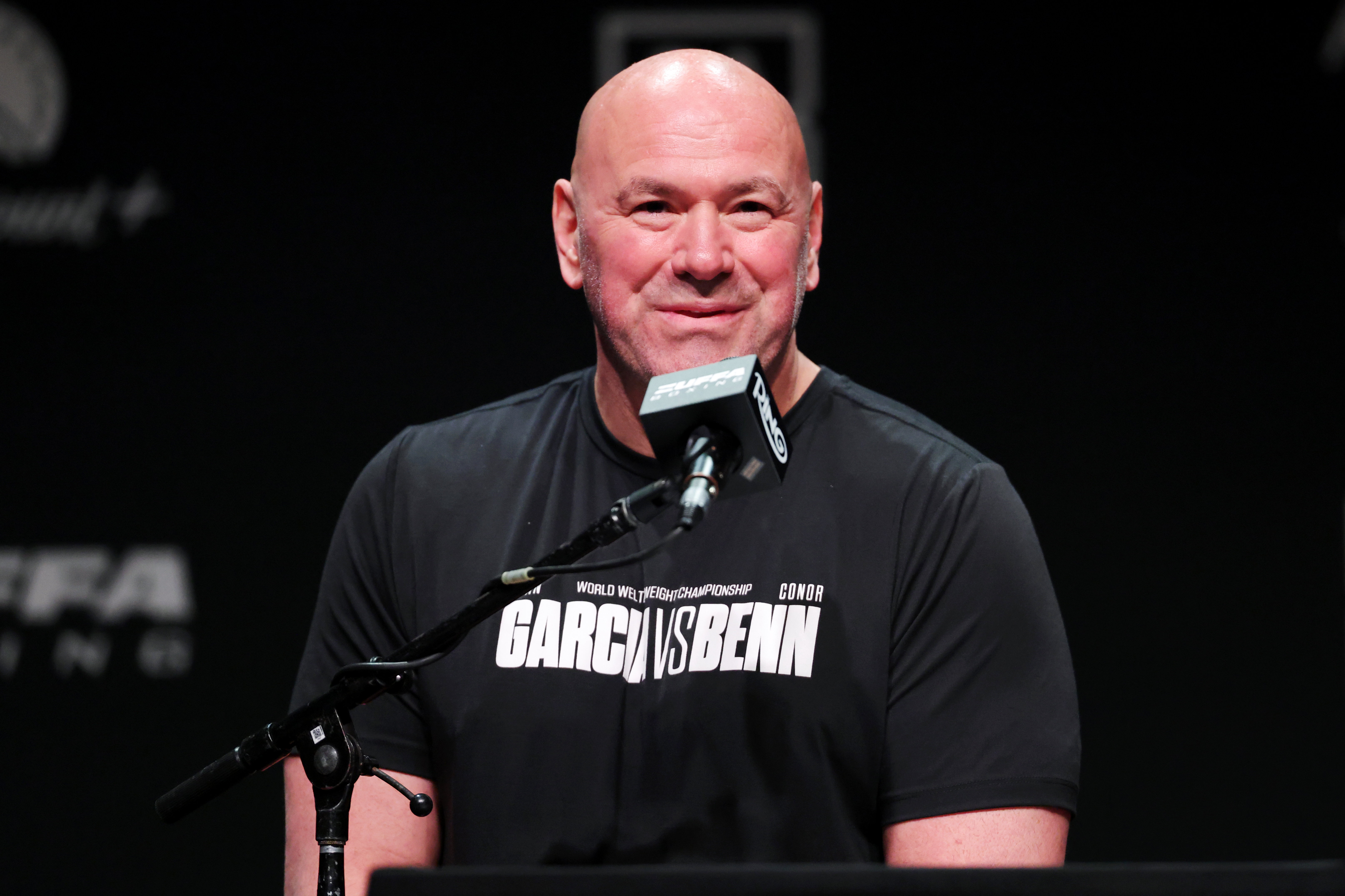 LAS VEGAS, NEVADA - SEPTEMBER 10: Founder and promoter of Zuffa Boxing Dana White speaks to the media at T-Mobile Arena on September 10, 2026 in Las Vegas, Nevada. (Photo by Cris Esqueda/Golden Boy/Getty Images)