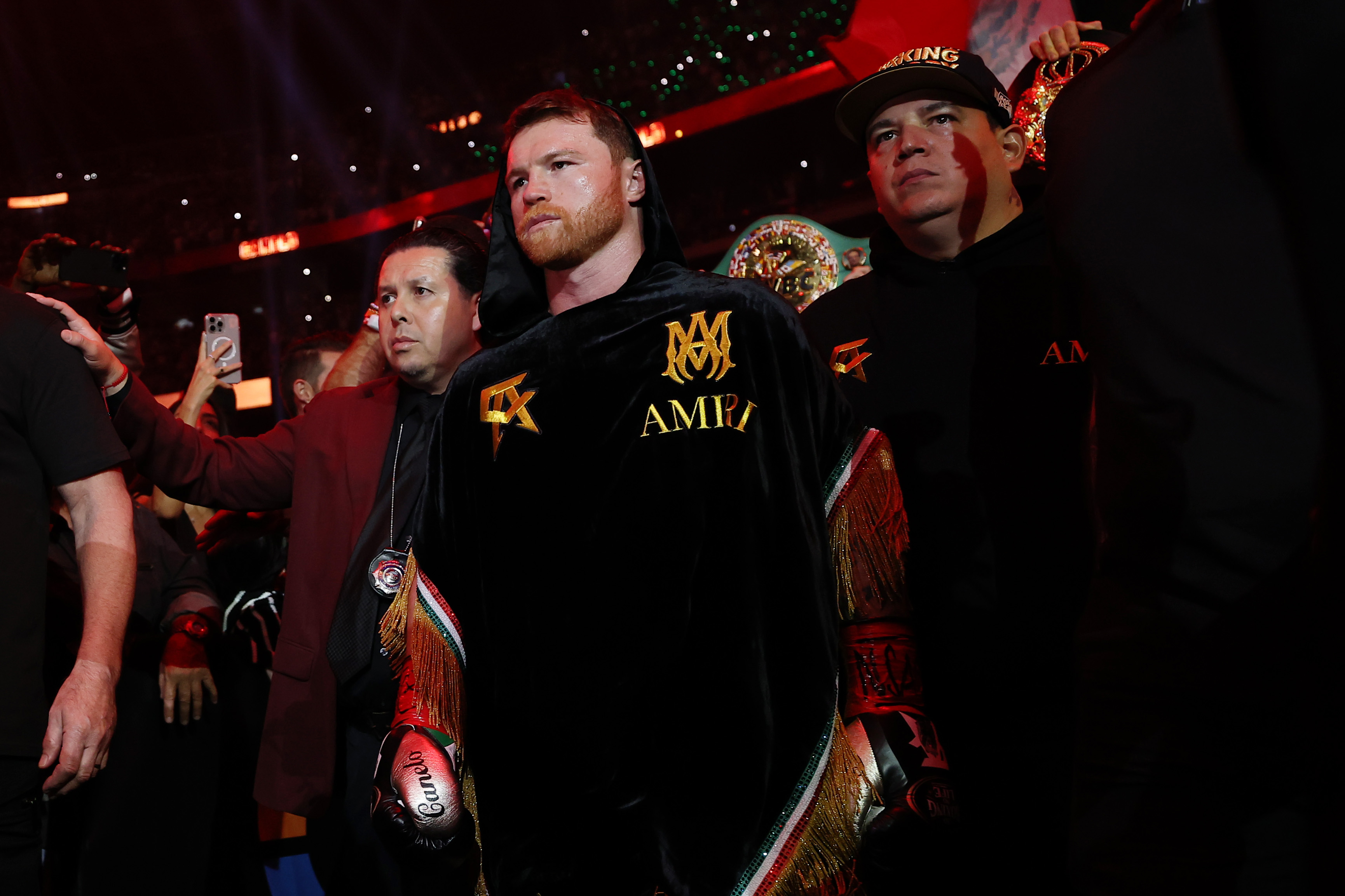 LAS VEGAS, NEVADA - SEPTEMBER 13: Canelo Alvarez makes his ring walk before his undisputed super middleweight title fight against Terence Crawford (not pictured) during Netflix's Canelo v Crawford Fight Night at Allegiant Stadium on September 13, 2025 in Las Vegas, Nevada. (Photo by Sarah Stier/Getty Images for Netflix)