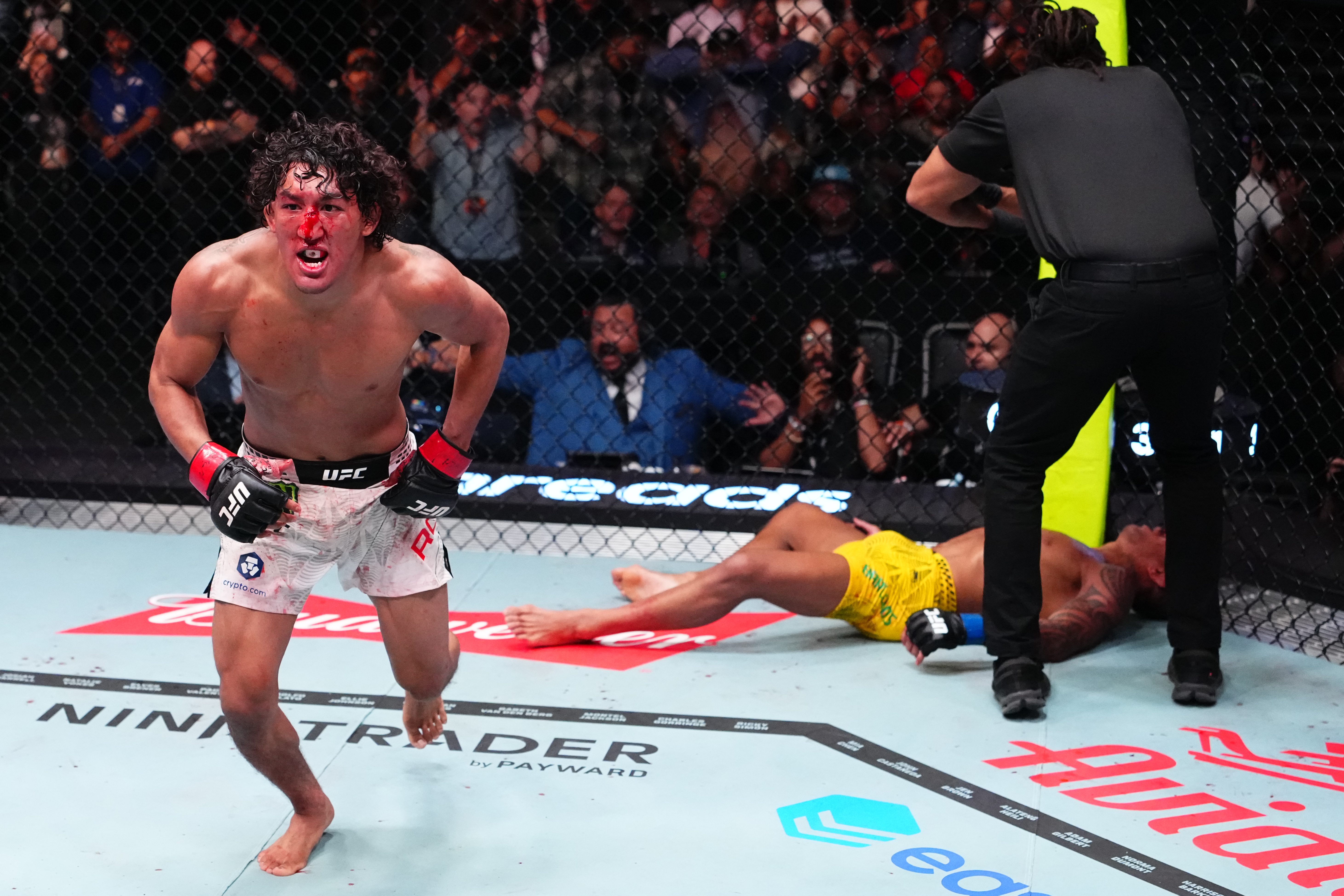 LAS VEGAS, NEVADA - SEPTEMBER 26: Raul Rosas Jr. reacts after a victory against Raoni Barcelos of Brazil in a bantamweight fight during the UFC Fight Night event at Meta APEX on September 26, 2026 in Las Vegas, Nevada. (Photo by Jeff Bottari/Zuffa LLC)