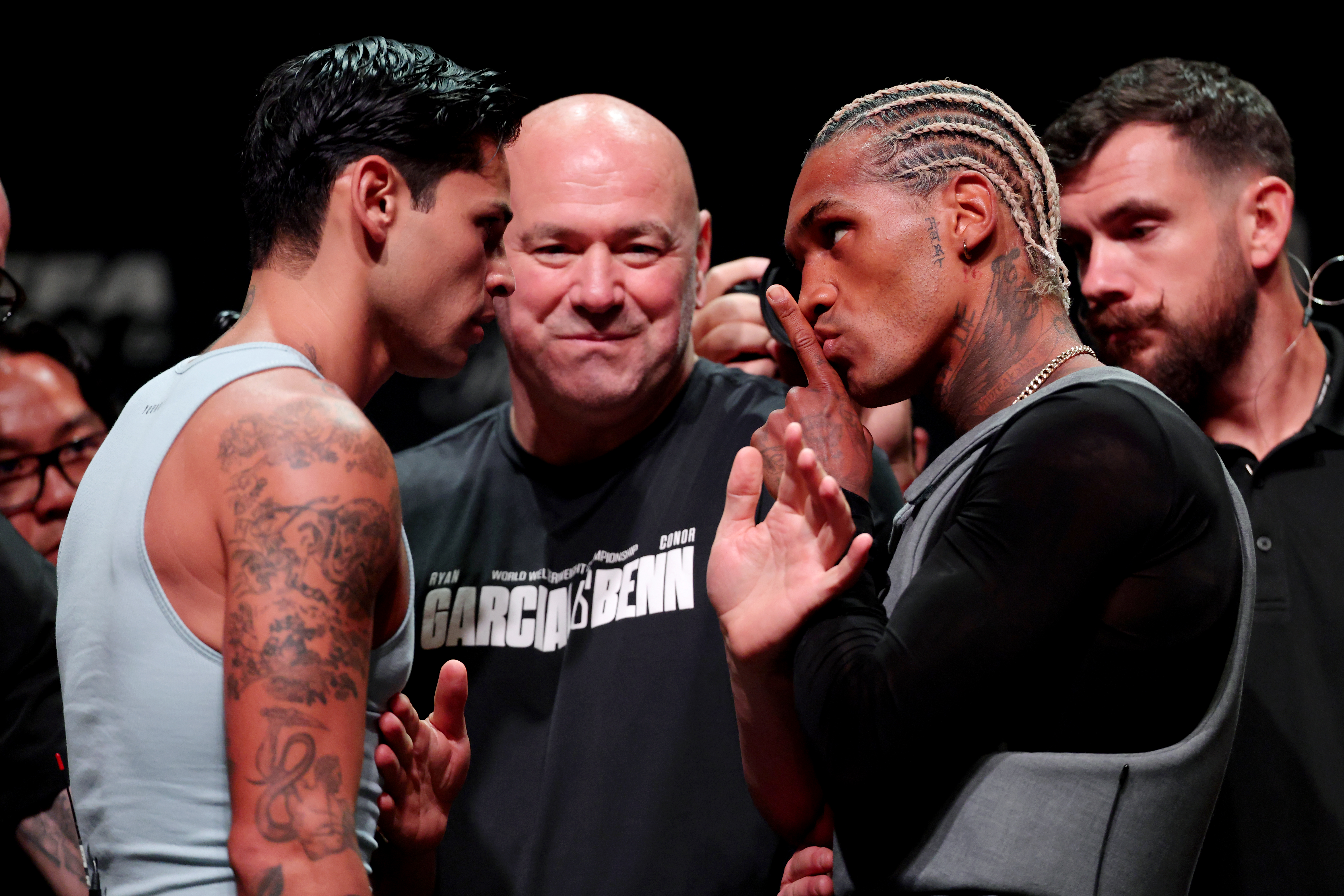 LAS VEGAS, NEVADA - SEPTEMBER 10: Ryan Garcia (L) and Conner Benn (R) face off prior to their WBC welterweight fight at T-Mobile Arena on September 10, 2026 in Las Vegas, Nevada. (Photo by Cris Esqueda/Golden Boy/Getty Images)