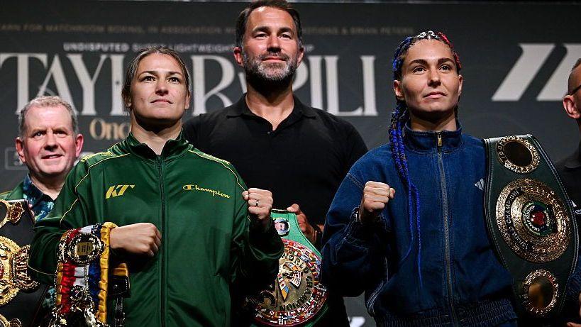 Katie Taylor and Flora Pili with promoter Eddie Hearn and Taylor's manager Brian Peters