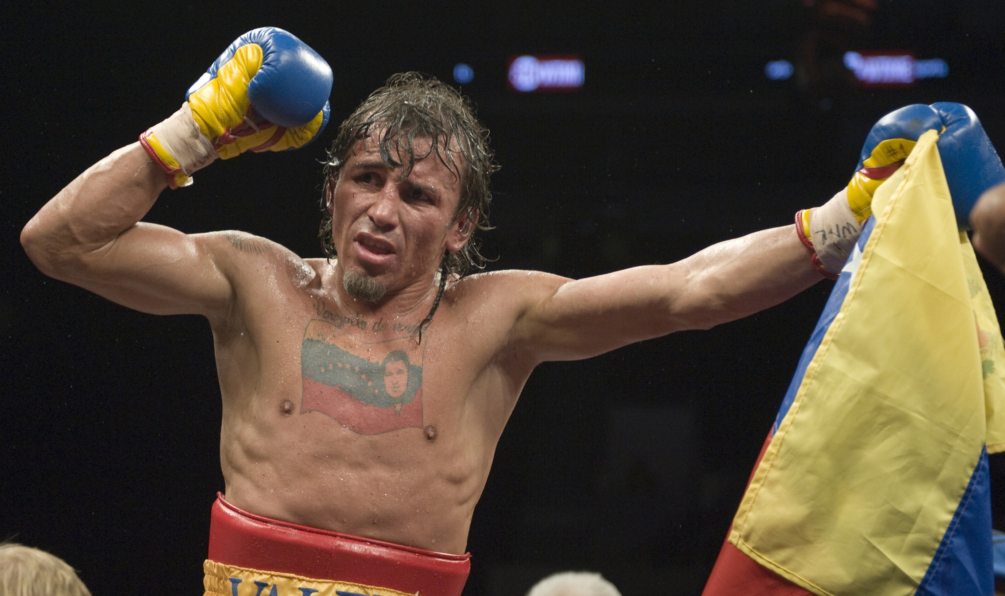 World Boxing Council (WBC) World Champion of the Lightweight division Edwin Valero from Venezuela, celebrates after winning against interim champion Mexican Antonio DeMarco on February 06, 2010 in the Arena Monterrey stadium in Monterrey, Mexico. Valero won by technical K.O. in the nineth round. AFP PHOTO/Omar TORRES (Photo credit should read OMAR TORRES/AFP via Getty Images)