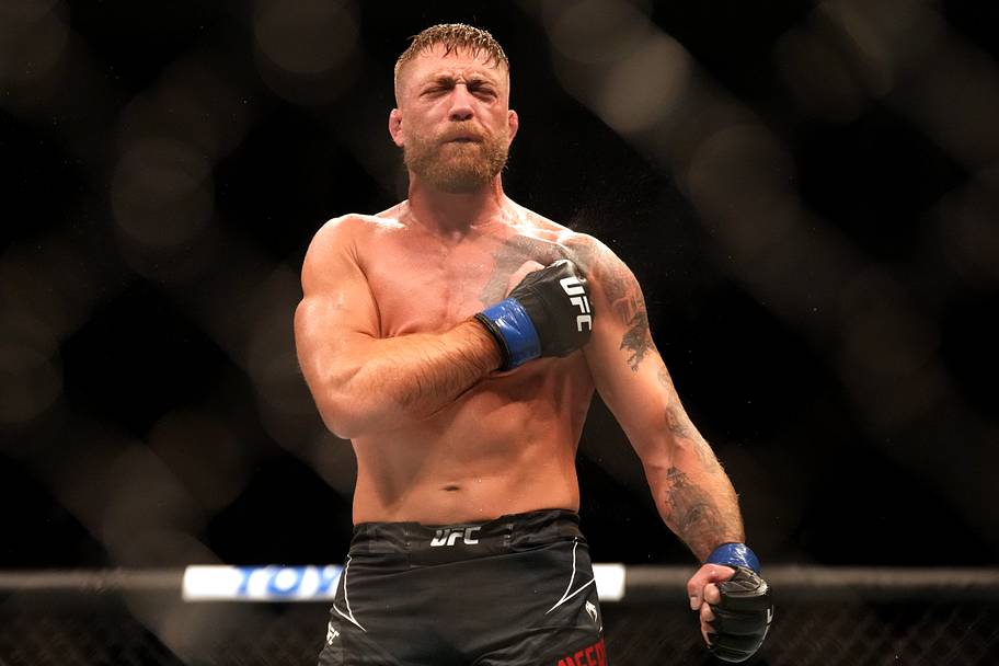 Gerald Meerschaert (blue gloves) reacts after defeating Bruno Silva (not pictured) during UFC Fight Night at Pechanga Arena.