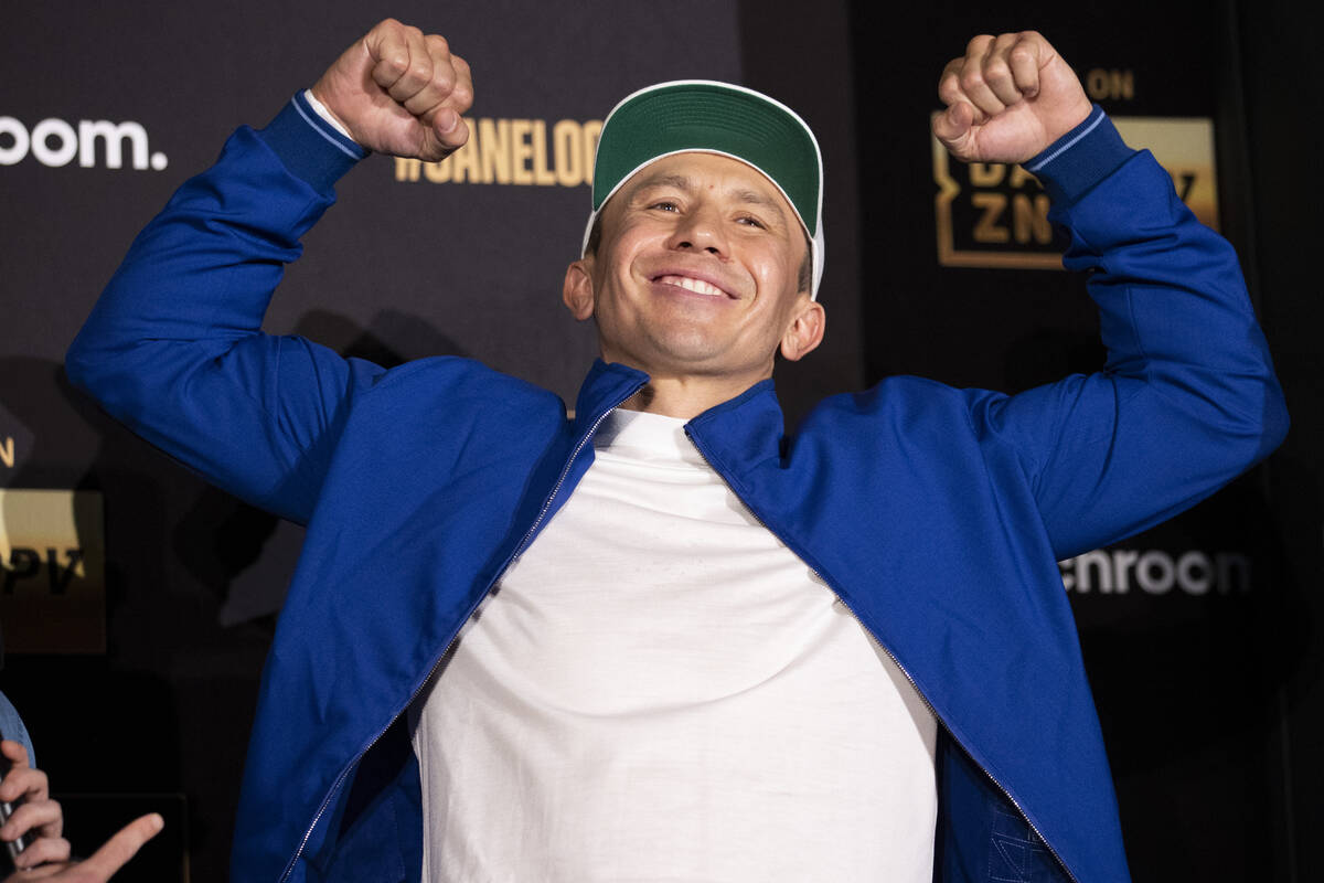 Gennadiy Golovkin poses during his grand arrival at the MGM Grand hotel-casino in Las Vegas, Tuesday, Sept. 13, 2022. Golovkin will be fighting Saul "Canelo" Alvarez at T-Mobile Arena Saturday night. (Erik Verduzco / Las Vegas Review-Journal)
