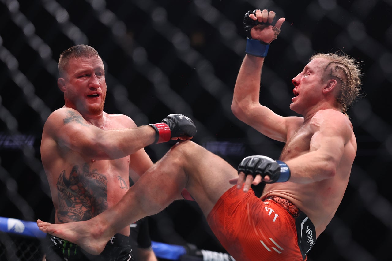 Paddy Pimblett (right) was badly damaged by Justin Gaethje in their interim-title fight (Getty)