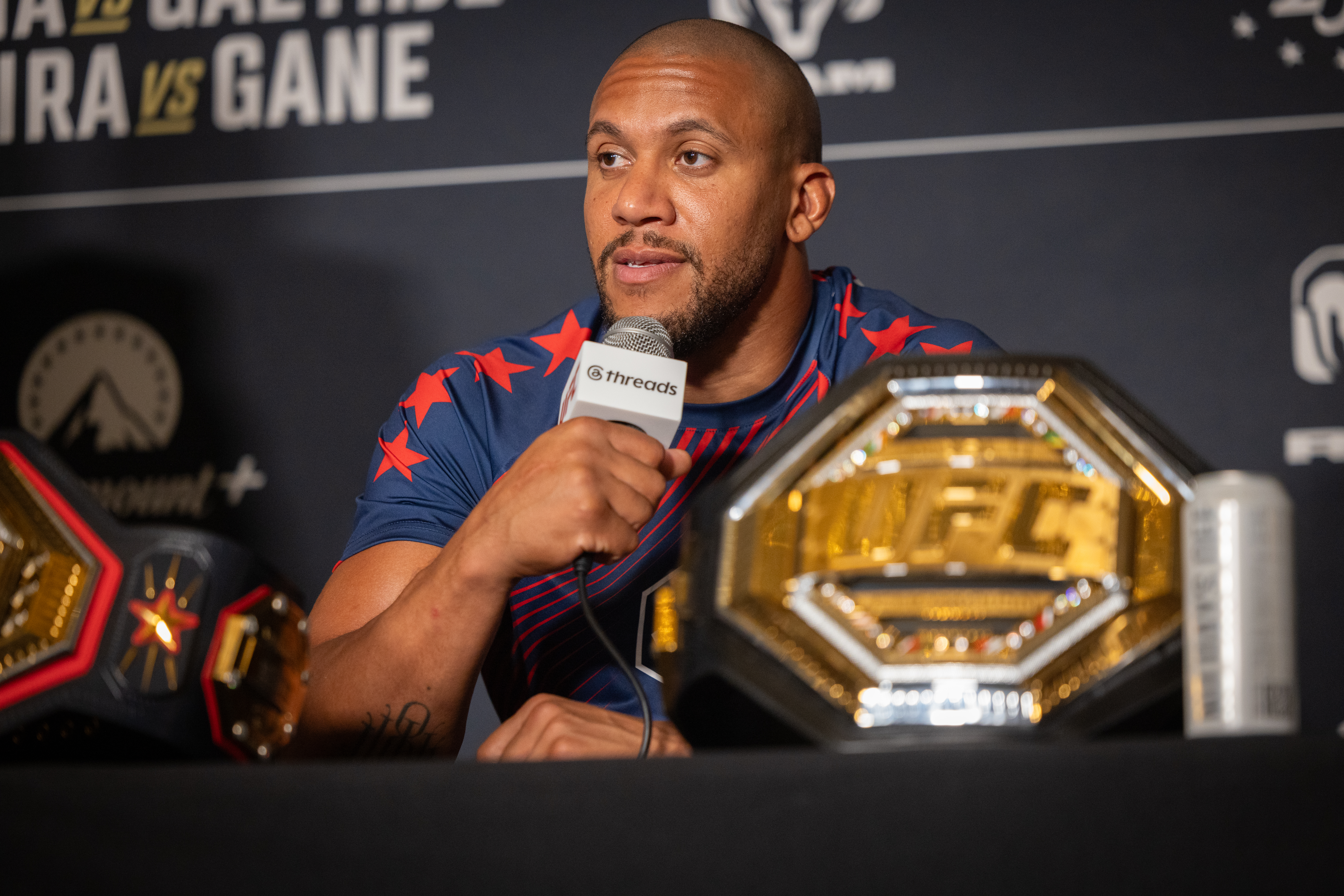 WASHINGTON, DC - JUNE 15: Ciryl Gane participates in a press conference with other fight winners and Dana White following UFC Freedom 250 at the JW Marriott in Washington, DC on June 15, 2026. (Photo by Nathan Posner/Anadolu via Getty Images)