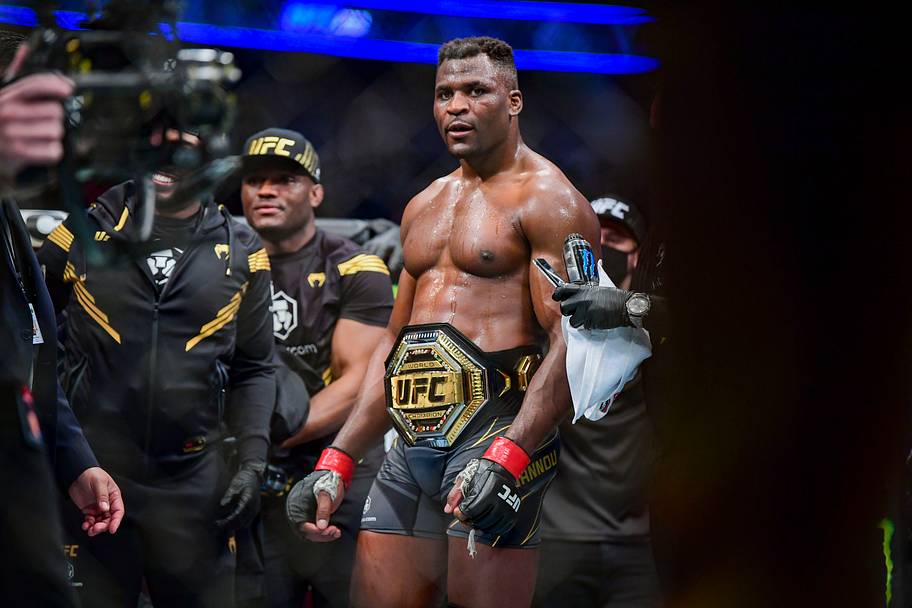 Francis Ngannou celebrates the win against Ciryl Gane during UFC 270 at Honda Center.