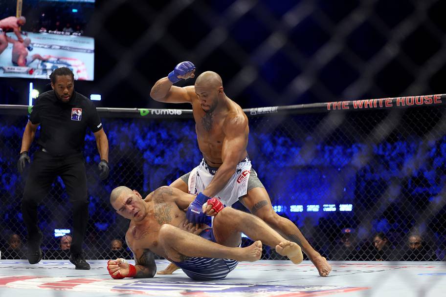 Ciryl Gane (blue gloves) fights Alex Pereira (red gloves) during UFC Freedom 250 at White House South Lawn.