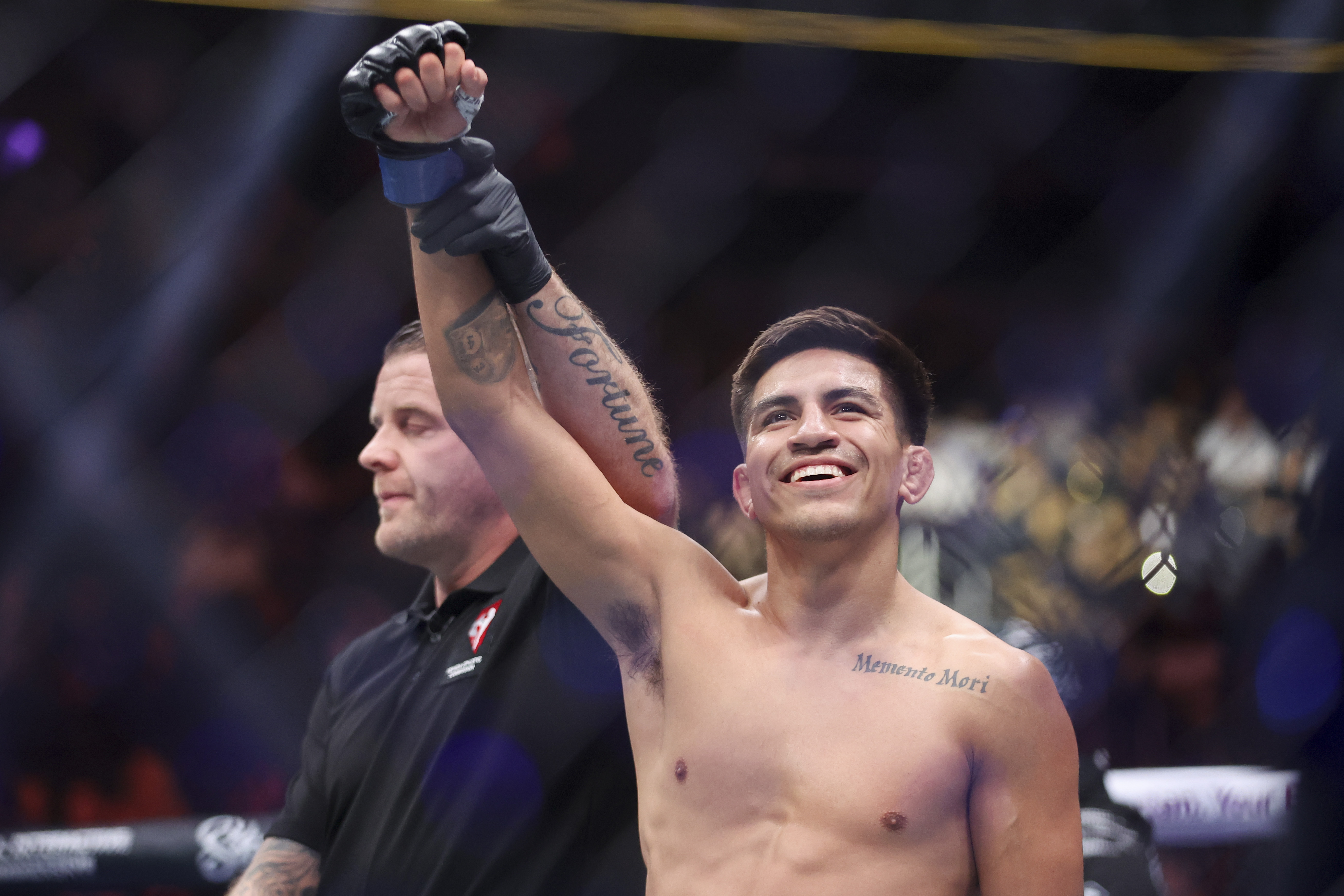 LAS VEGAS, NEVADA - JUNE 28: Jose Miguel Delgado of the United States celebrates after his win via knockout against Hyder Amil of the Philippinesduring a featherweight bout at UFC 317 at T-Mobile Arena on June 28, 2025 in Las Vegas, Nevada. (Photo by Ian Maule/Getty Images)