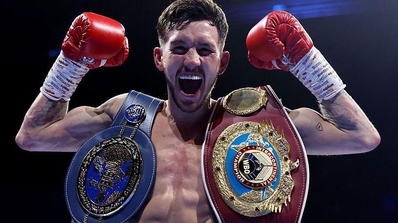 Shropshire's Liam Davies celebrates winning the European featherweight belt in Manchester in March