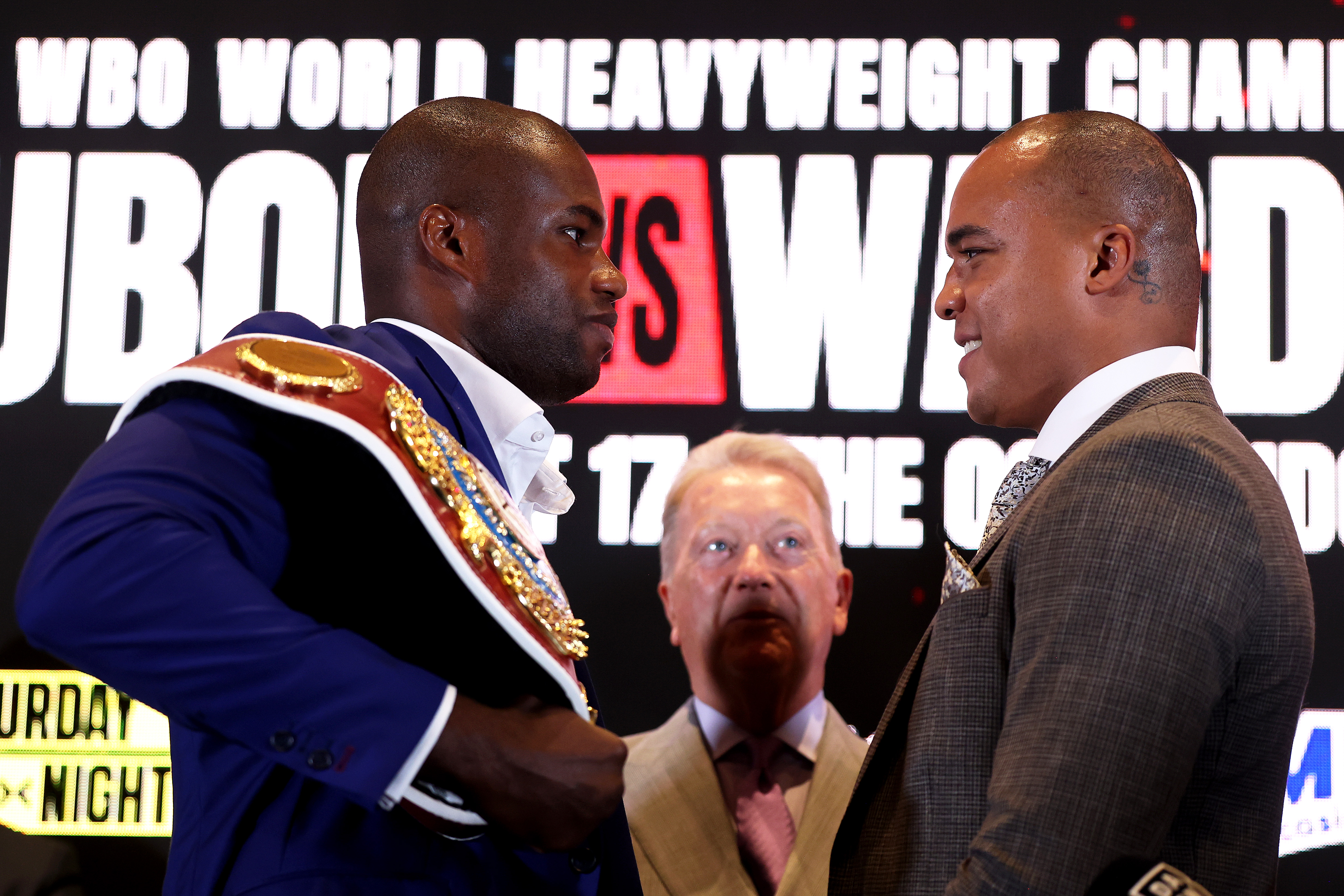 LONDON, ENGLAND - SEPTEMBER 02: Daniel Dubois and Fabio Wardley face off during the Run It Back: Daniel Dubois v Fabio Wardley II Press Conference ahead of their WBO World Heavyweight Title fight at Glaziers Hall on September 02, 2026 in London, England. (Photo by Richard Pelham/Getty Images)