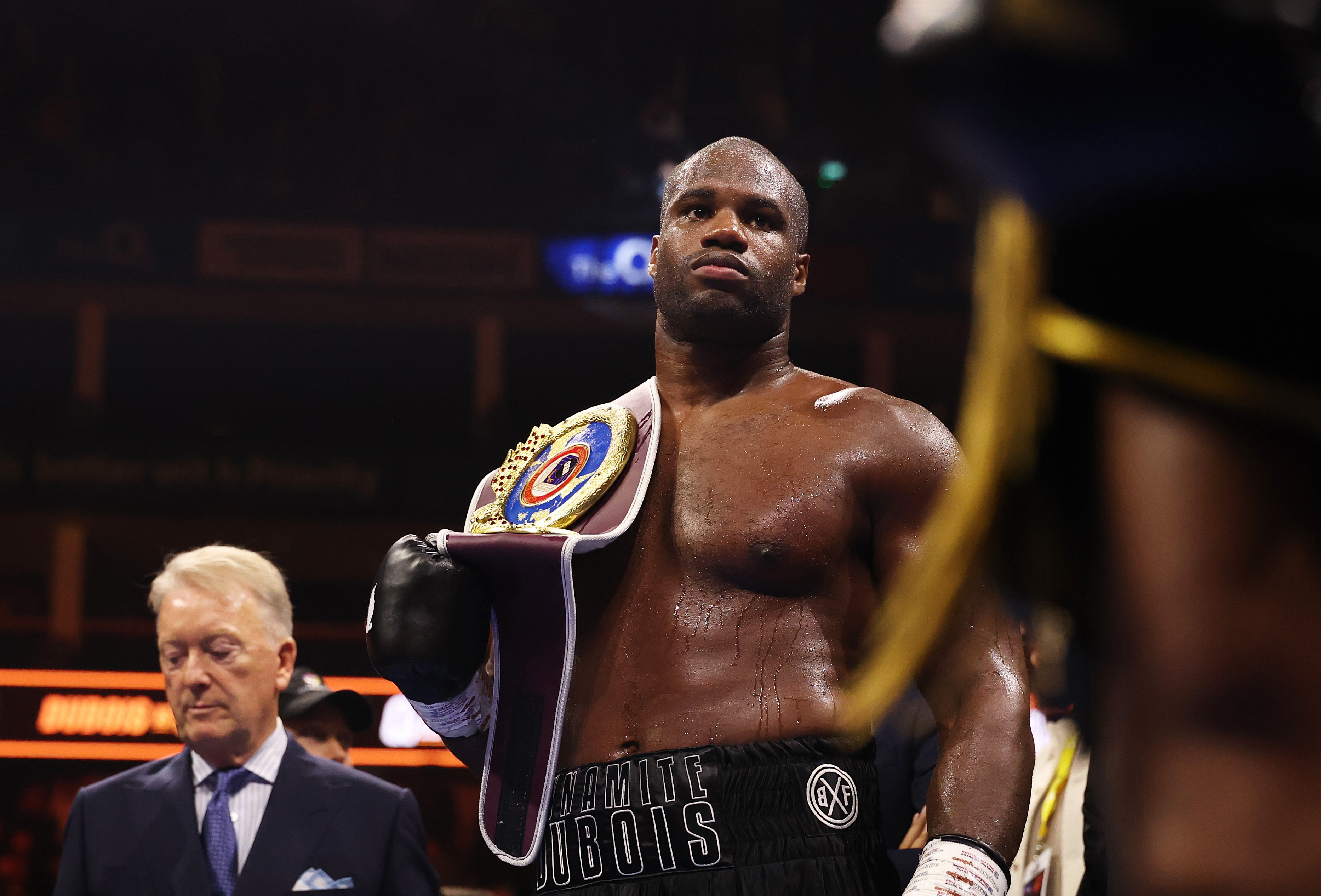 LONDON, ENGLAND - OCTOBER 17: Daniel Dubois looks on with the title belt after victory over Fabio Wardley in their WBO World Heavyweight title fight on the Daniel Dubois v Fabio Wardley 2: Run It Back fight card at The O2 Arena on October 17, 2026 in London, England. (Photo by Richard Heathcote/Getty Images)