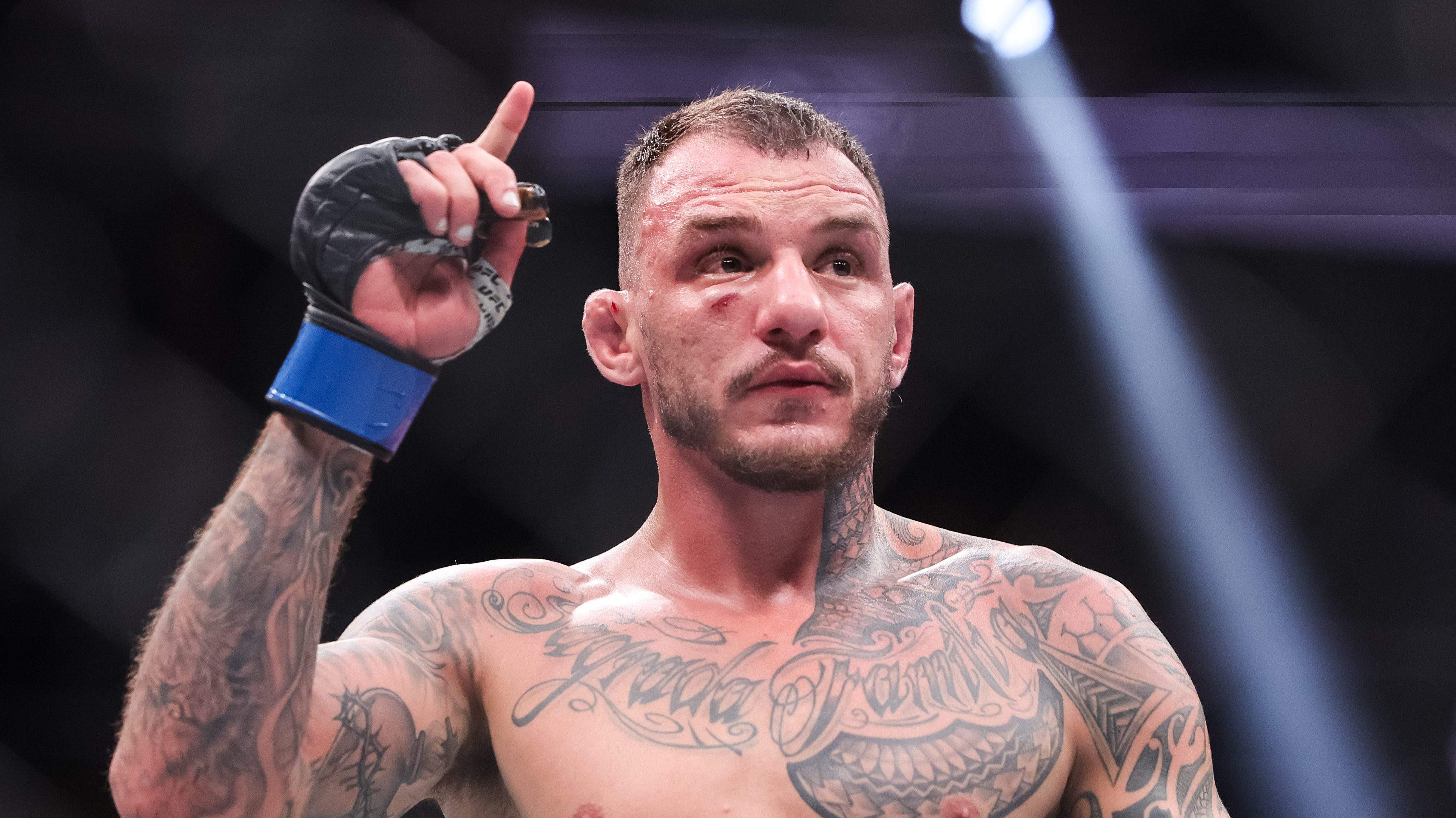 LAS VEGAS, NEVADA - APRIL 13: Renato Moicano of Brazil celebrates defeating Jalin Turner during their  lightweight fight at T-Mobile Arena on April 13, 2024 in Las Vegas, Nevada. (Photo by Carmen Mandato/Getty Images)