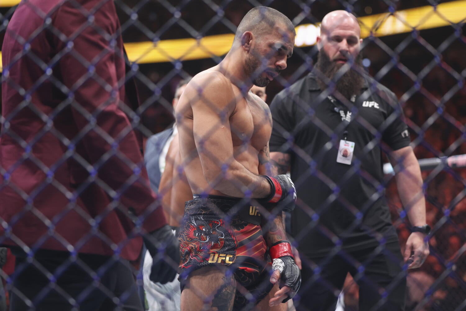 Alexandre Pantoja holds his arm after losing his flyweight title fight on Dec. 6 in Las Vegas.